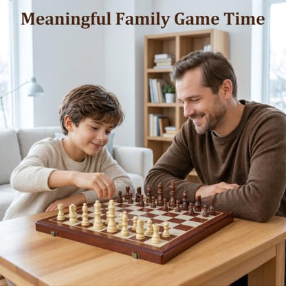 15.4" Magnetic Wooden Chess Set for Adults & Kids, Handcrafted Foldable Chess Board with Individual Storage Slots, 2 Extra Queens, Portable Travel Chess Set, Home & Office Decor, Gift for Chess Lover