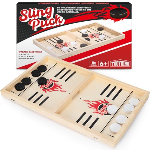 Large Fast Classic Slingshot Puck Game, Wooden Hockey Board Games for Family Night, Table Game for Adults and Kids, 2 Player Games for Ages 6 and Up, Test Speed and Accuracy, Air Hockey