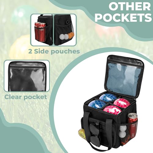 Tactical Bocce Ball Set Carry Bag Holds up to 8 Balls with Molle System, Portable Bocce Ball Storage Bag with Multiple Pockets and Detachable Shoulder Strap for Easy Carrying, Bag Only, Black