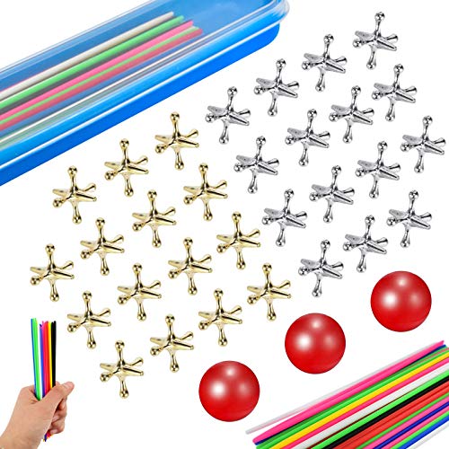 ZeeDix 90 Pcs Pick Up Sticks with 3 Sets Retro Metal Jacks Kit- Include 3 Pcs Red Rubber Balls and 30 Pcs Gold and Silver Metal Jacks, Classic Fun Game Gift of Jacks for Family - style: 4 Set