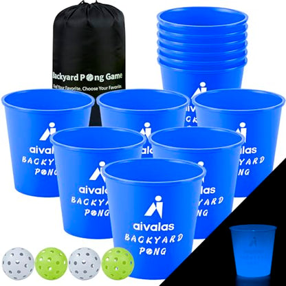 Aivalas Yard Pong Outdoor Games Glow Set in Dark, Giant Yard Pong Game for Adults and Family with 12 Buckets, 4 Balls and a Carrying Bag, Giant Pong for Beach, Camping, Lawn and Backyard - color: Blue Glow in Dark