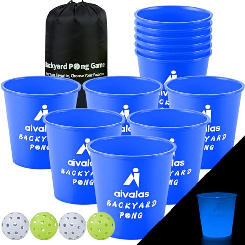 Aivalas Yard Pong Outdoor Games Glow Set in Dark, Giant Yard Pong Game for Adults and Family with 12 Buckets, 4 Balls and a Carrying Bag, Giant Pong for Beach, Camping, Lawn and Backyard - color: Blue Glow in Dark