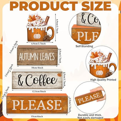Lineshading 4 Pcs Fall Coffee Table Decor Fall Decoration for Home Wooden Stacked Block with Pumpkin Latte Topper Rustic Thanksgiving Tiered Tray Decor for Harvest Party Home Kitchen Coffee Bar - style: Autumn Leaves 2