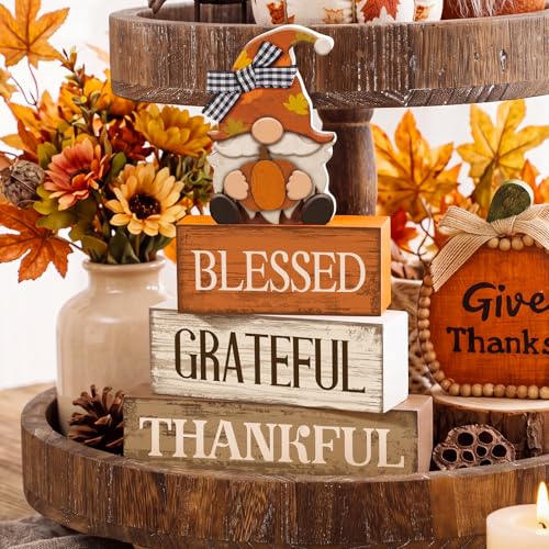 Lineshading 4 Pcs Wooden Farmhouse Tabletop Decor Rustic Home Tiered Tray Decor Decorative Farmhouse Table Decoration Home Block Signs Gift(Blessed Gnome) - style: Blessed Gnome