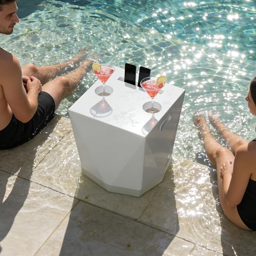 Modern Assemble-Free Outdoor Side Table, Pool Side Table for Inside Pool or on Patio, Lounger Table with 2 Cup Holders * 1 Tablet Holder, White