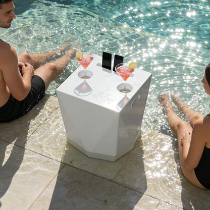 Modern Assemble-Free Outdoor Side Table, Pool Side Table for Inside Pool or on Patio, Lounger Table with 2 Cup Holders * 1 Tablet Holder, White
