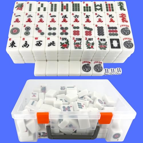 166 American Mahjong Tiles Only with Portable Carrying Storage Box & 3 Dice, 1.2" Mahjong Set for Party, Play with Friends Family (White) - color: White