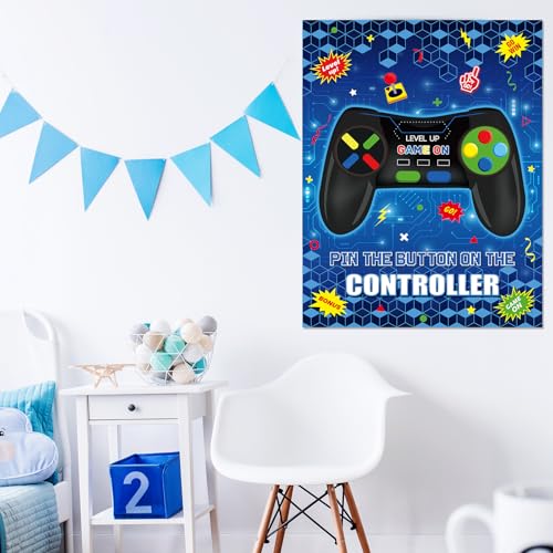 Faccito Pin The Button on The Video Game Birthday Games Set Video Game Poster with 24 Button Stickers 2 Games Controller Blindfolds for Birthday Party Wall Home Room Decorations Activities Supplies - style: Video