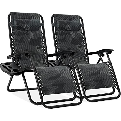 Best Choice Products Set of 2 Adjustable Steel Mesh Zero Gravity Lounge Chair Recliners w/Pillows and Cup Holder Trays - Camoflage - color: Camouflage, size: Standard