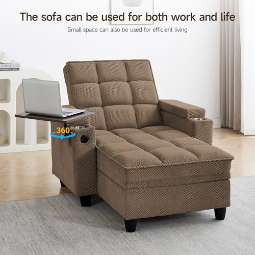 oaaktu Modern Tufted Linen Fabric Chaise Lounge Sofa Chair with Rotating Side Table,Storage,Pillow,USB Charging Ports and Adjustable Backrest Perfect for Living Room, Small Spaces (Coffee) - color: 12coffee