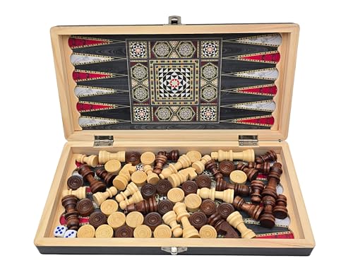 Wooden 3 in 1 Chess Checkers Backgammon Board Game Set, 12 Inch Portable Folding Chess Board, Portable Travel Chess Set for Adults Kids Family Game Night Gift（Non-Magnetic）