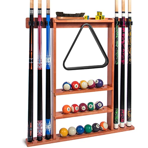 Brown Pool Stick Holder, Wall Mount Pool Cue Rack ,Solid Wood Floor Stand for billiard cue sticks,Holds 6 Pool Cues & a Full Set of Balls,Professional Pool Table Accessories for Billiard Room or Club