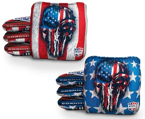 Professional Cornhole Bags Set of 8 Regulation Patriotic Series Resin Filled Pro Bean Bags Dual-Sided Slick and Stick - color: USA Drippy Skull