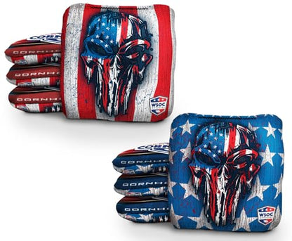 Professional Cornhole Bags Set of 8 Regulation Patriotic Series Resin Filled Pro Bean Bags Dual-Sided Slick and Stick - color: USA Drippy Skull