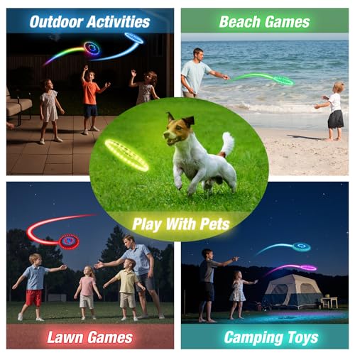 HYES 2 Pack Light up Flying Discs for Kids, Rechargeable Disc with 45 LEDs, 14 Lighting Modes(10")&Built-in Battery Disc(7.8"), Glow in The Dark Ring for Beach/Camping/Outdoor Sport - size: 2PCS: 10in + 7.8in