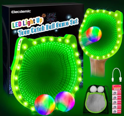 3D LED Light Up Toss Catch Ball Game Set Toys for Back Yard Outdoor Party Favors Glow in Dark Sticky Paddle Baseball Gift Age 5 6 7 8 9 10 11 12 Years Old Girls Boy Kid Family Adult - color: Green 1 Paddle 2 Balls
