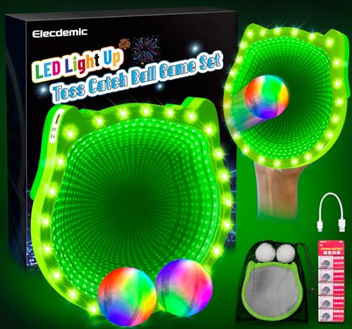 3D LED Light Up Toss Catch Ball Game Set Toys for Back Yard Outdoor Party Favors Glow in Dark Sticky Paddle Baseball Gift Age 5 6 7 8 9 10 11 12 Years Old Girls Boy Kid Family Adult - color: Green 1 Paddle 2 Balls