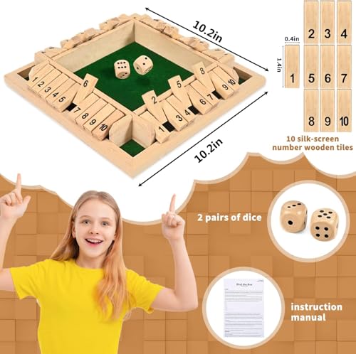 Shut The Box Game 2-4 Players Classic Dice Board Game 10 Numbers Table Math Games Traditional Wooden Family Game for Night Pub Bar Classroom Travel Improves Mathematical Skills (Green) - color: Wood, size: 10.2