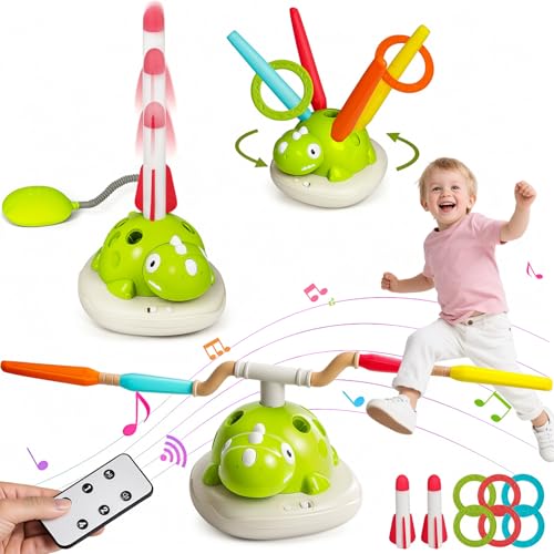 3 in 1 Musical Jump, Toss Ring Game and Stomping Launch Rocket with Storage Bag, Remote Control Outdoor Toys for Kids 3-6 Exercise Jump Gross Motor for Toddlers Indoor/Yard Game Gift for Boys Girl 4-8