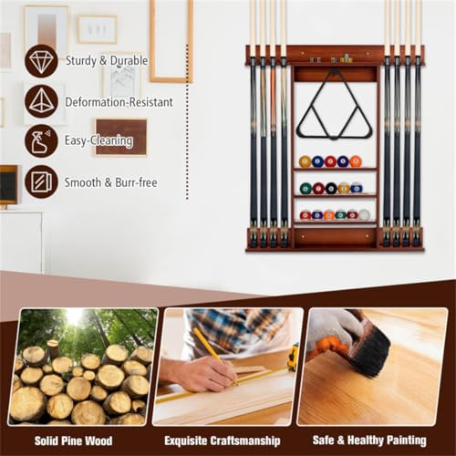 Wall-Mounted Billiards Cue Rack, Wooden Pool Stick Holder 8 Cues & 16 Balls and 5 Storage Compartments, for Game Room Billiard Room Decor Club Pool Table Accessories