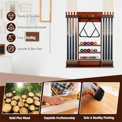 Wall-Mounted Billiards Cue Rack, Wooden Pool Stick Holder 8 Cues & 16 Balls and 5 Storage Compartments, for Game Room Billiard Room Decor Club Pool Table Accessories