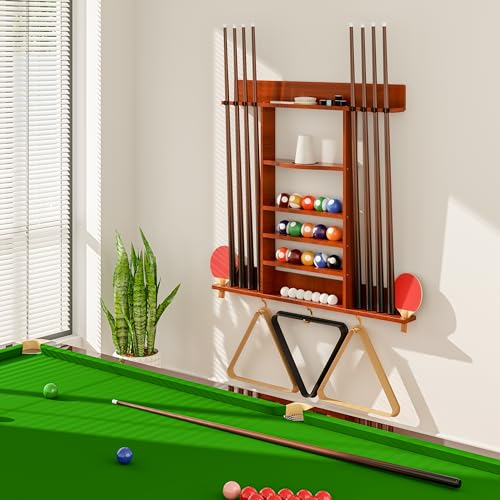 Pool Cue Rack 8 Pool Stick Holder Wall Mount 2-in-1 Pool Stick & Ping Pong Paddle Holder Billiard Cue Rack Solid Wood Billiard Table Accessories for Billiard Room, Game Room (Classic Burgundy)