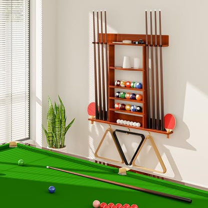 Pool Cue Rack 8 Pool Stick Holder Wall Mount 2-in-1 Pool Stick & Ping Pong Paddle Holder Billiard Cue Rack Solid Wood Billiard Table Accessories for Billiard Room, Game Room (Classic Burgundy)