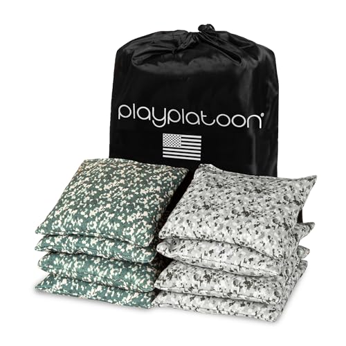 Play Platoon Cornhole Bags Weather Resistant- Set of 8 Regulation Bean Bags for Tossing- Official Professional Size & Weight Corn Hole Bags Two Color All Weather Cornhole Beans Bag Set with Tote Bag - color: Snow Camo & Woodland