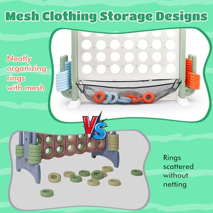 Giant 4-in-A-Row Connect Game Set, Adjustable Height Jumbo Yard Game with Golf, Basketball Hoop, Ring Toss & Mesh Pocket, Indoor & Outdoor Yard Connect Game for Kids Adults Family - color: Green