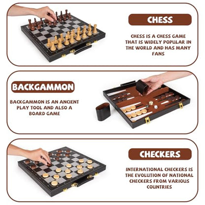 3 in 1 Magnetic Chess Set & Checkers Backgammon Board Game Set, 15" Wooden Folding Chess Board, Tournament Portable Travel Chess Set, Beginner Chess Board Game for Adults & Kids