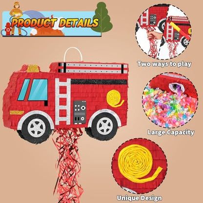 WERNNSAI Fire Truck Piñata - Firetruck Birthday Decorations Piñata for Boys Kids Firefighter Truck Theme Birthday Party Game Decorations Bundle with Blindfold and Bat - style: Fire Truck