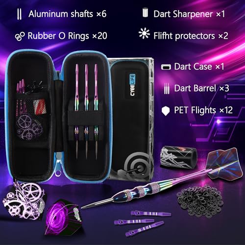 CyeeLife Steel Tip Darts Set,3 Pack Professional Dart with 6 Premium Aluminum Shafts,3 Style PET Flights,Dart Sharpener, Rubber Rings, Flight Protector and Dart Case,Colorful