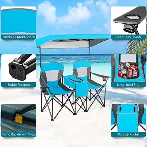 S AFSTAR Double Camping Chair w/Shade Canopy, 2-Person Folding Camp and Beach Chair with Mini Table Beverage Cup Holder Carrying Bag, Collapsible Camping Chairs for Garden Patio Pool Beach - color: Blue