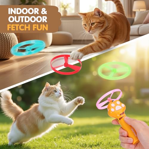 Cat Fetch Toy, Rechargeable Flying Disc Launcher with 6 Flying Discs, Cat Interactive Hunting Toys for Outdoor & Indoor (Yellow) - color: Yellow