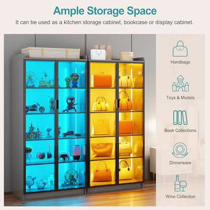 Lvifur 65" Display Cabinet with Lights, 5 Tier Curio Cabinets Bookcase with Adjustable Shelves, Tall Storage China-Cabinet with Human Body Induction for Living Room, Gift for Father (Grey) - color: Grey
