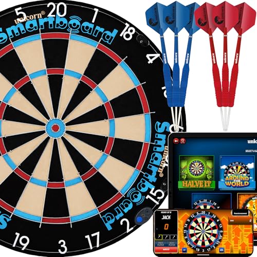 Unicorn Smartboard Bristle Dartboard - Bristle Board with Bluetooth LE Technology - 6 Steel-Tip Darts Included - 12 Players - Multiple Game Options - Online and Solo Play with Scorebuddy App