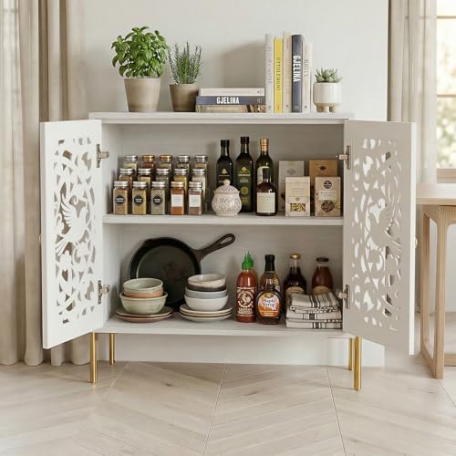 DHZ Accent Cabinet with Doors, Hollow-Carved Pattern Buffet Cabinet with Storage, Freestanding Sideboard Cabinet for Living Room Dining Room Entryway