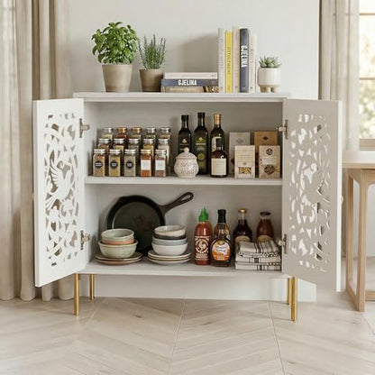 DHZ Accent Cabinet with Doors, Hollow-Carved Pattern Buffet Cabinet with Storage, Freestanding Sideboard Cabinet for Living Room Dining Room Entryway
