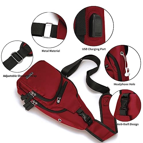 Seoky Rop Men Women Sling Backpack Nylon Water Resistant Shoulder Chest Crossbody Sling Bag with USB Charging Port - color: Red