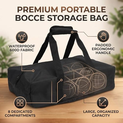 Fockety Bocces Ball Carry Bag with 8 Compartments, Portable Storage Bag for bocces Set, Water Proof Oxford Fabric, Padded Handle and Detachable Shoulder Strap for Outdoor Games