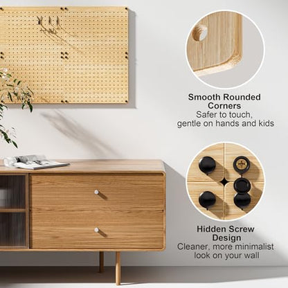 VOIMO Bamboo Peg Board, Eco-Friendly Pegboard Organizer Set with 35 Hooks – Wall Mounted Storage Rack for Kitchen, Tools, Crafts, Garage & Office – Pegboards System for Home Organization - size: 16'' X 12'' (4 Panels)