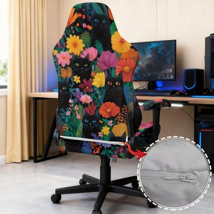 Suobstales Cat Floral Pattern 4-Piece Gaming Chair Slipcover Set, Stretch Elastic Cover with Armrest Covers, Washable Computer Gamer Chair Slipcovers for Racing, Reclining & Ergonomic Office Chairs - color: Cat Floral