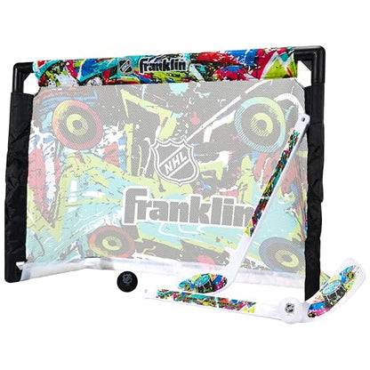 Franklin Sports NHL Kids Mini Hockey Set - Includes (1) Knee Hockey Goal, (2) Mini Sticks + (2) Foam Balls - Indoor Toy Youth Goal + Sticks Set - Graffiti