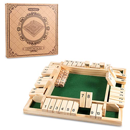 AMEROUS 12 Inches Shut The Box Family Game (1-4 Players), 4 Sided Large Wooden Number Dice Board Game with 12 Dices and Shut The Box Rules for Kids, Adults - size: 12 inches