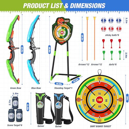 HYES 2 Pack Kids Bow and Arrow with 29" Large Dart Board, LED Light Up Archery Set with 24 Suction Cup Arrows, Indoor Outdoor Sport Toys Gifts for 3 4 5 6 7 8 9 10 11 12 Year Old Boys Girls - size: 2 pack-dartboard target