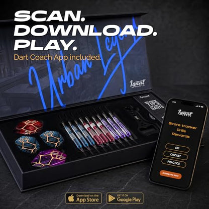 IgnatGames Soft Tip Darts, 9 Pack for Electronic Dartboards, Urban Legends | 16-18g stainless steel, multi-zone grips, 24 GlideXPro flights, 70 spare 2BA tips, magnetic case, Companion App - color: 18g LA Starlight
