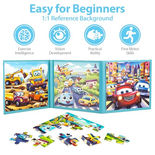 Magnetic Car Puzzles for Toddlers 3-5, 9-12-16 Pieces - Ages 4-6 - Educational Learning Toys for Boys & Girls - style: Car