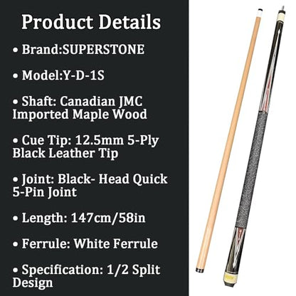 SUPERDIAMOND Pool Cue Stick Set Billiard Cue Sticks with Hard Case, 2-Pieces 58" Pool Table Sticks, 12.5 mm Tip Pool Queue,Pool Stick Set for Home Recreation, Billiards Clubs, Training - style: Billiard Cue Sticks-YMX-Y-D-1S