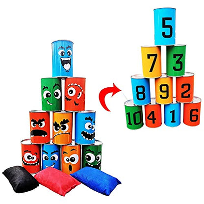 Giant Tumbling Tower Games Wooden Blocks Stacking Game + Tin Can Alley Bean Bag Toss Game for Adult, Kids, Family Fun Outdoor Backyard Games