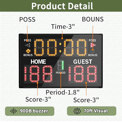 Basketball Digital Scoreboard with Remote,Battery Powered Portable Tabletop Electronic Scoreboard with 75dB Buzzer,Countdown Timer & Score for Games